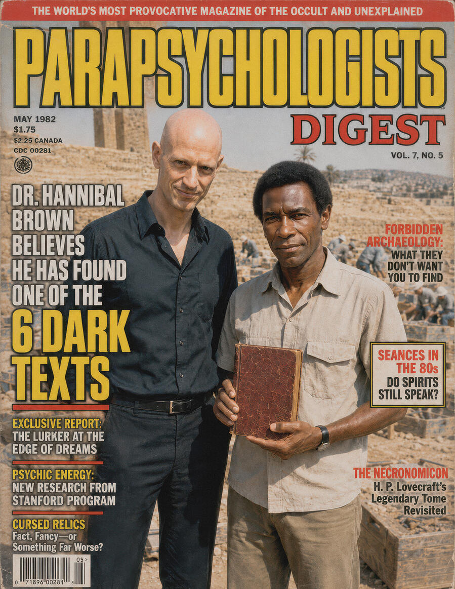 Fictional May 1982 Parapsychologists Digest magazine cover showing Dr. Hannibal Brown beside M. Voss at an archaeological excavation.