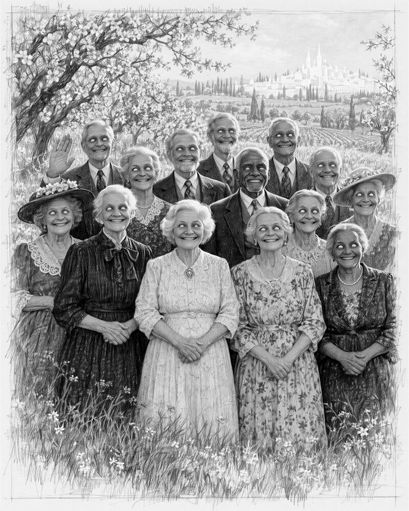 Graphite group portrait of thirteen smiling elderly people in a garden, with pale, vacant eyes and a distant city beyond the trees.