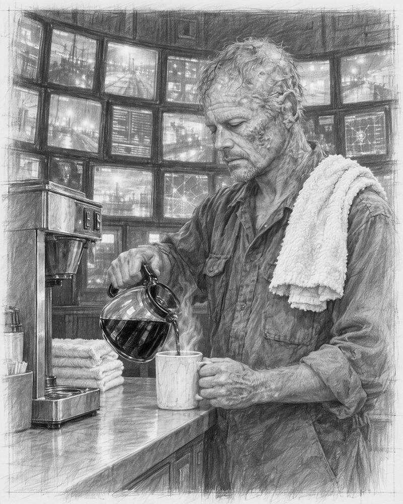 Graphite drawing of a severely scarred man calmly pouring coffee in a control room surrounded by glowing monitors.