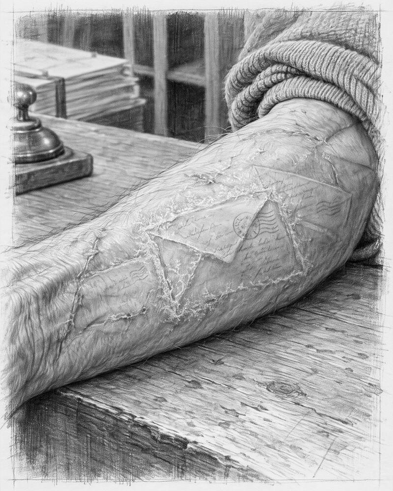 Graphite illustration of a scarred forearm resting on a wooden desk, with envelope-like shapes embedded beneath the skin.