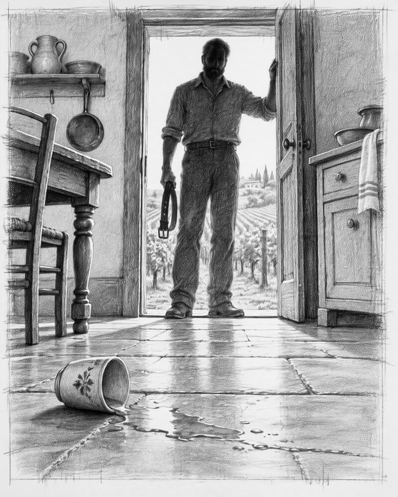 Graphite drawing from a low viewpoint inside a kitchen, showing a man standing in the open doorway and an overturned cup on the tiled floor.