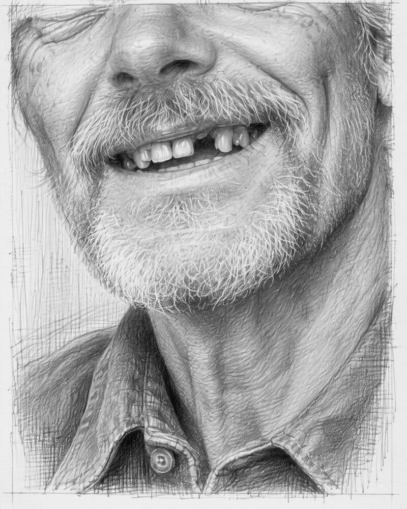 Close-up graphite portrait of an older bearded man's smile, revealing several missing teeth beneath his mustache.